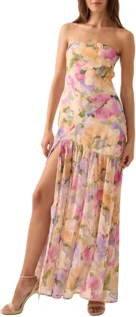 Women Y2k Floral Ptint Mesh Tube Top Dress Sexy Backless High Slit Maxi Dresses Strapless Summer Beach Sundress