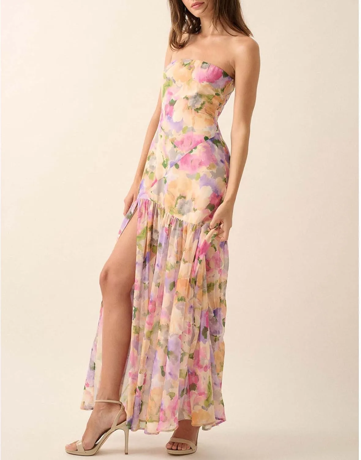 Women Y2k Floral Ptint Mesh Tube Top Dress Sexy Backless High Slit Maxi Dresses Strapless Summer Beach Sundress