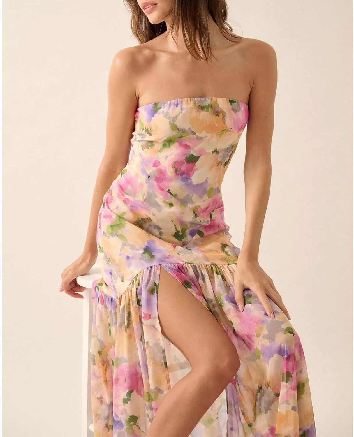 Women Y2k Floral Ptint Mesh Tube Top Dress Sexy Backless High Slit Maxi Dresses Strapless Summer Beach Sundress