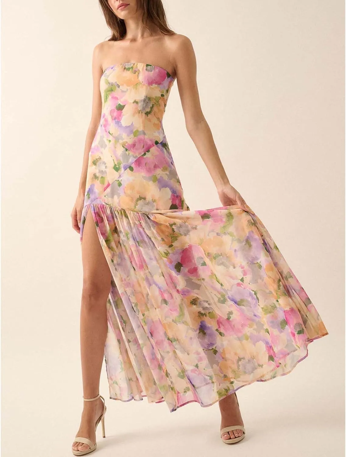 Women Y2k Floral Ptint Mesh Tube Top Dress Sexy Backless High Slit Maxi Dresses Strapless Summer Beach Sundress