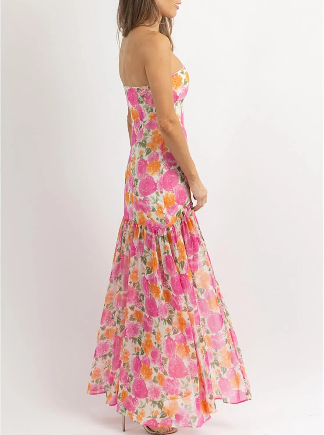 Women Y2k Floral Ptint Mesh Tube Top Dress Sexy Backless High Slit Maxi Dresses Strapless Summer Beach Sundress
