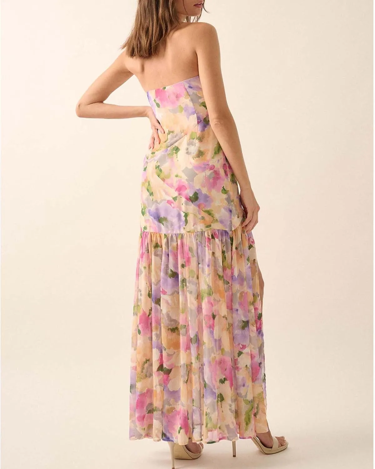 Women Y2k Floral Ptint Mesh Tube Top Dress Sexy Backless High Slit Maxi Dresses Strapless Summer Beach Sundress
