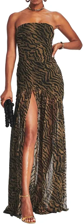 Women Y2k Floral Ptint Mesh Tube Top Dress Sexy Backless High Slit Maxi Dresses Strapless Summer Beach Sundress