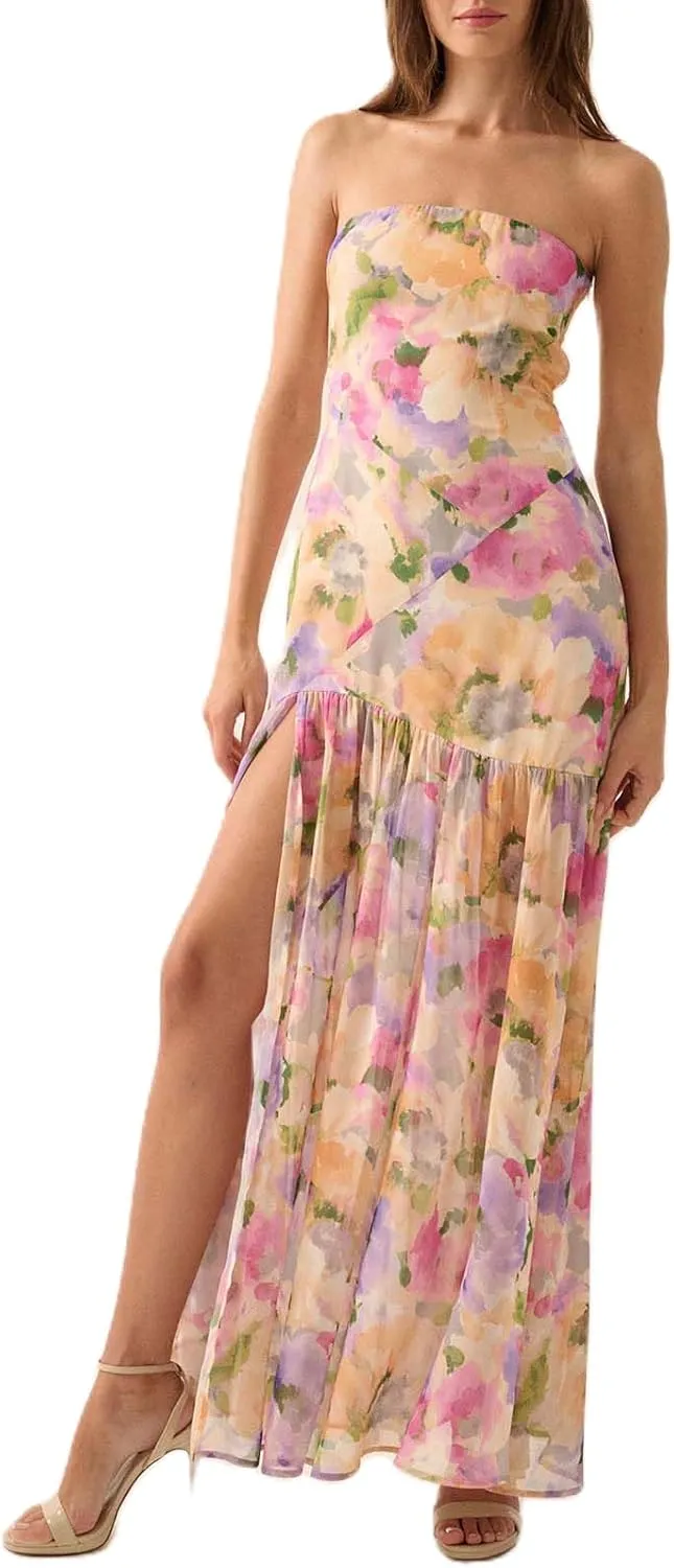 Women Y2k Floral Ptint Mesh Tube Top Dress Sexy Backless High Slit Maxi Dresses Strapless Summer Beach Sundress