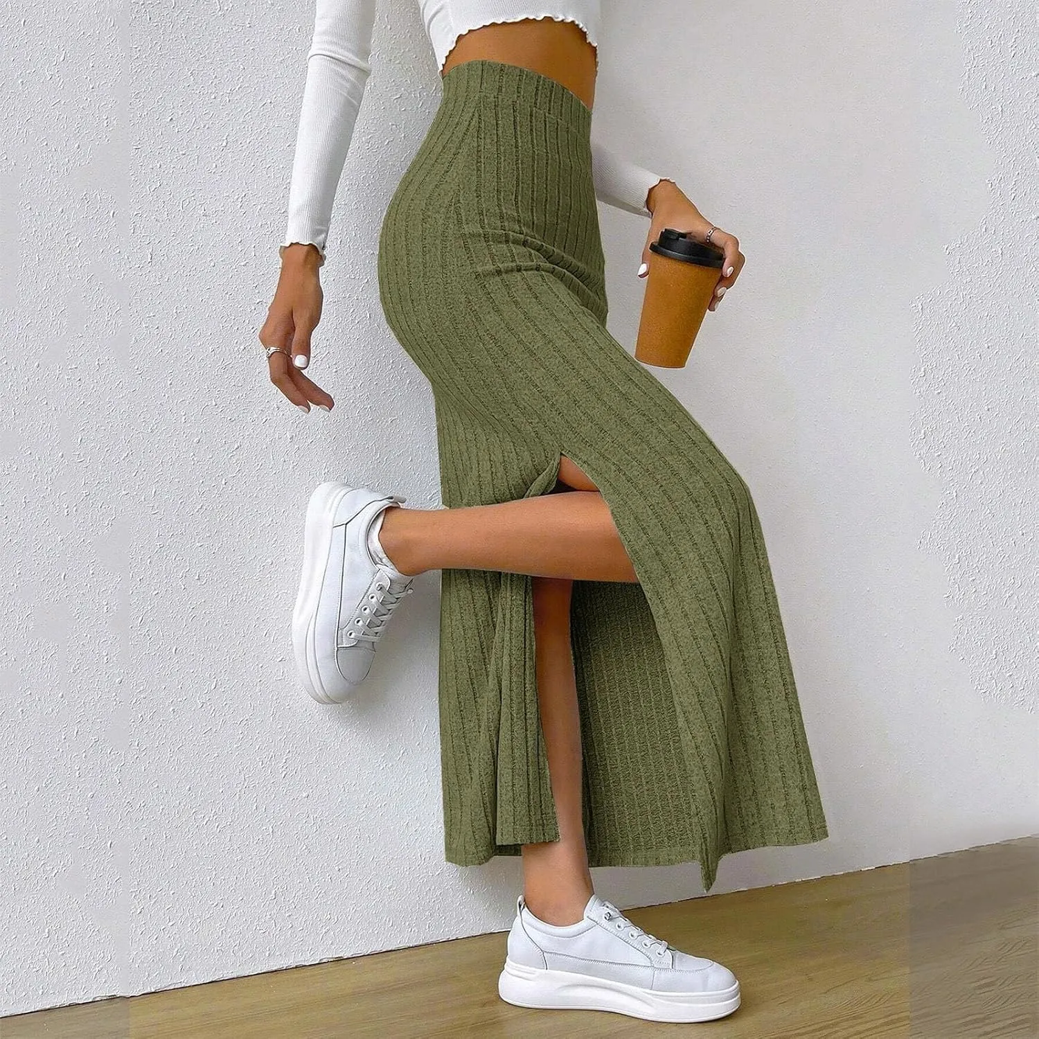 Women's Basic Solid Slim Knitted Skirt High Waist Length Maxi Skirt Casual Skirt 2024 Pencil Slit Dressy