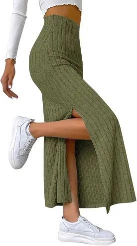 Women's Basic Solid Slim Knitted Skirt High Waist Length Maxi Skirt Casual Skirt 2024 Pencil Slit Dressy