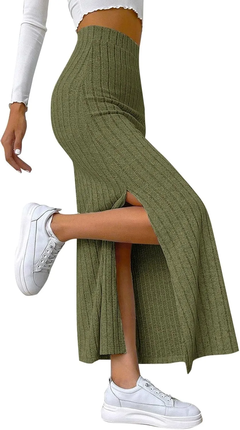 Women's Basic Solid Slim Knitted Skirt High Waist Length Maxi Skirt Casual Skirt 2024 Pencil Slit Dressy