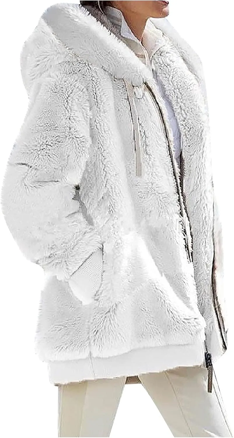 Women's Casual Fashion Loose Solid Color Hat Plus Fleece Collar Pocket Jacket