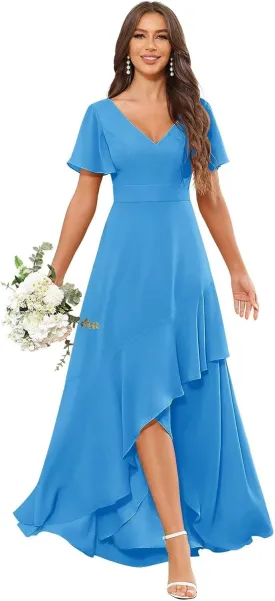 Women's Chiffon Bridesmaid Dresses V Neck Short Sleeve High Low Ruffle Formal Wedding Guest Dress