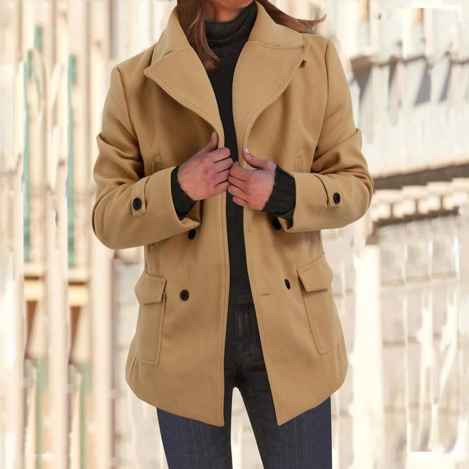 Women's Elegant Blazers Single Breasted Coat 2024 Winter Mid Woolen Overcoat Work Office Pea Jackets Overcoats