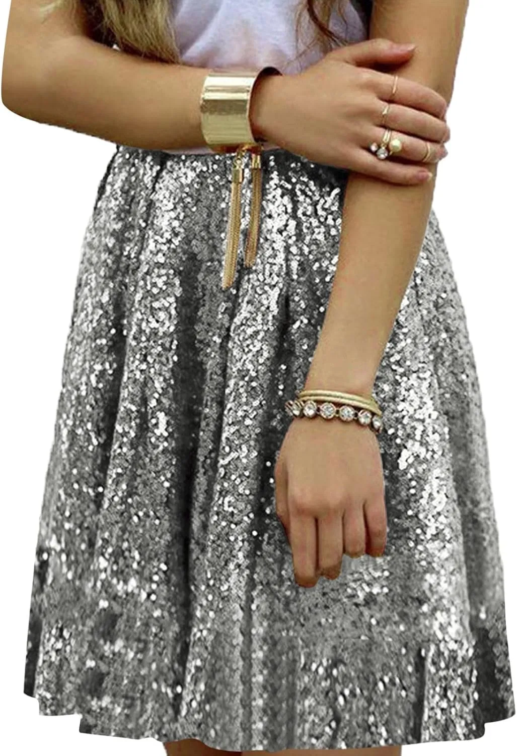 Women's Fashion High Waist Pleated Solid Color Short Skirt Loose Sequin Skirt Skirts for Women Knee Length with