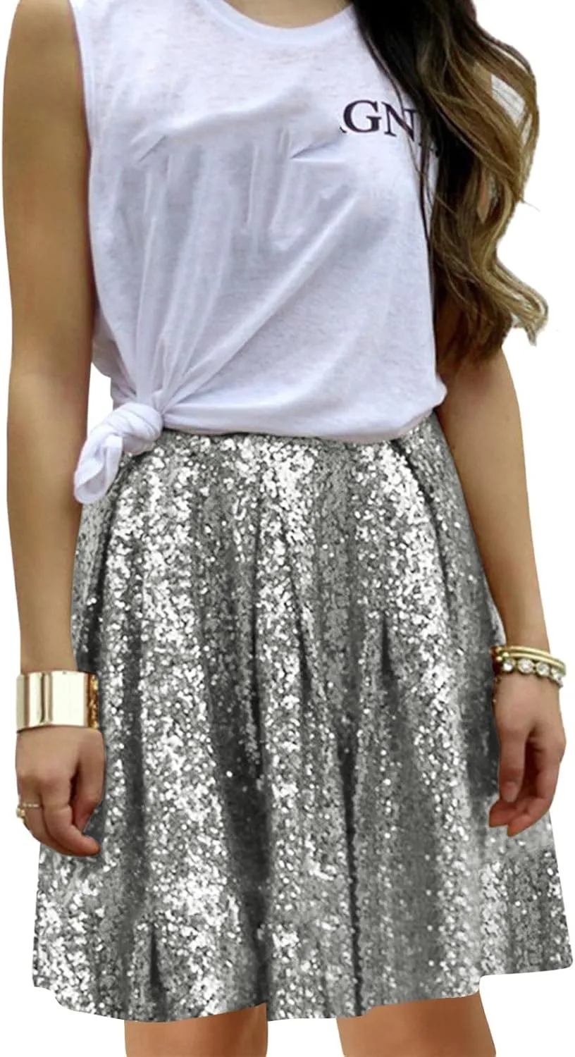 Women's Fashion High Waist Pleated Solid Color Short Skirt Loose Sequin Skirt Skirts for Women Knee Length with