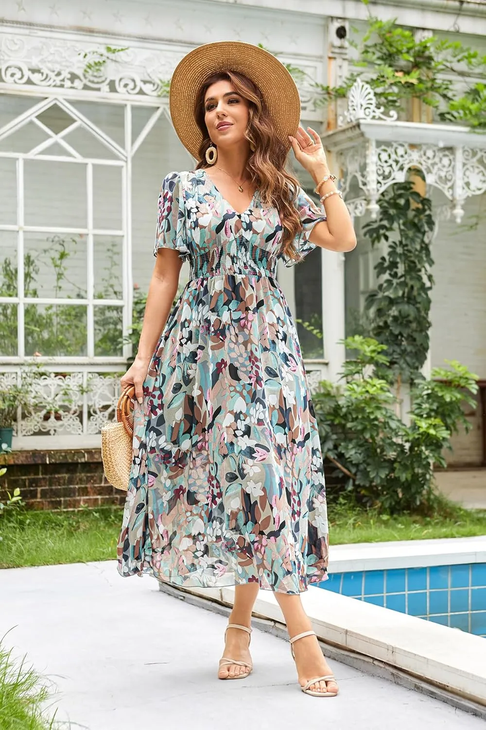 Women's Floral Maxi Dress Flowy V Neck Empire Waist Summer Wedding Guest Party Casual Chiffon Dress