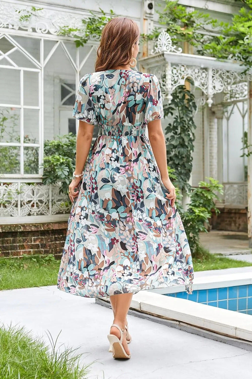 Women's Floral Maxi Dress Flowy V Neck Empire Waist Summer Wedding Guest Party Casual Chiffon Dress