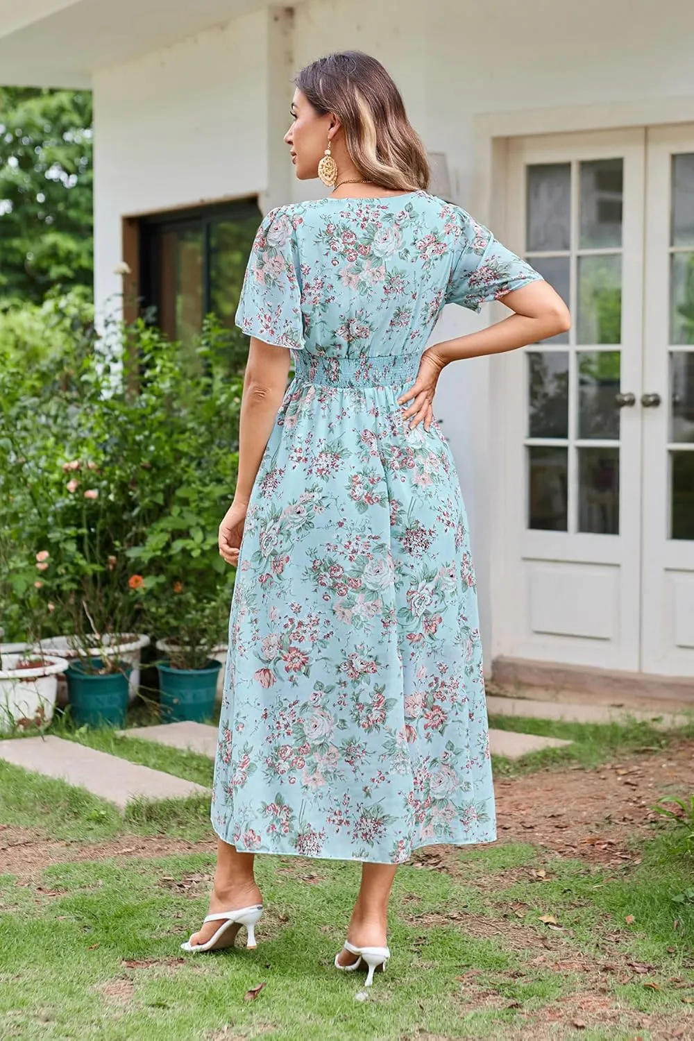 Women's Floral Maxi Dress Flowy V Neck Empire Waist Summer Wedding Guest Party Casual Chiffon Dress