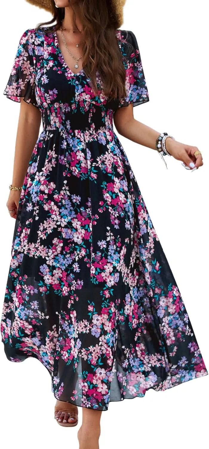Women's Floral Maxi Dress Flowy V Neck Empire Waist Summer Wedding Guest Party Casual Chiffon Dress