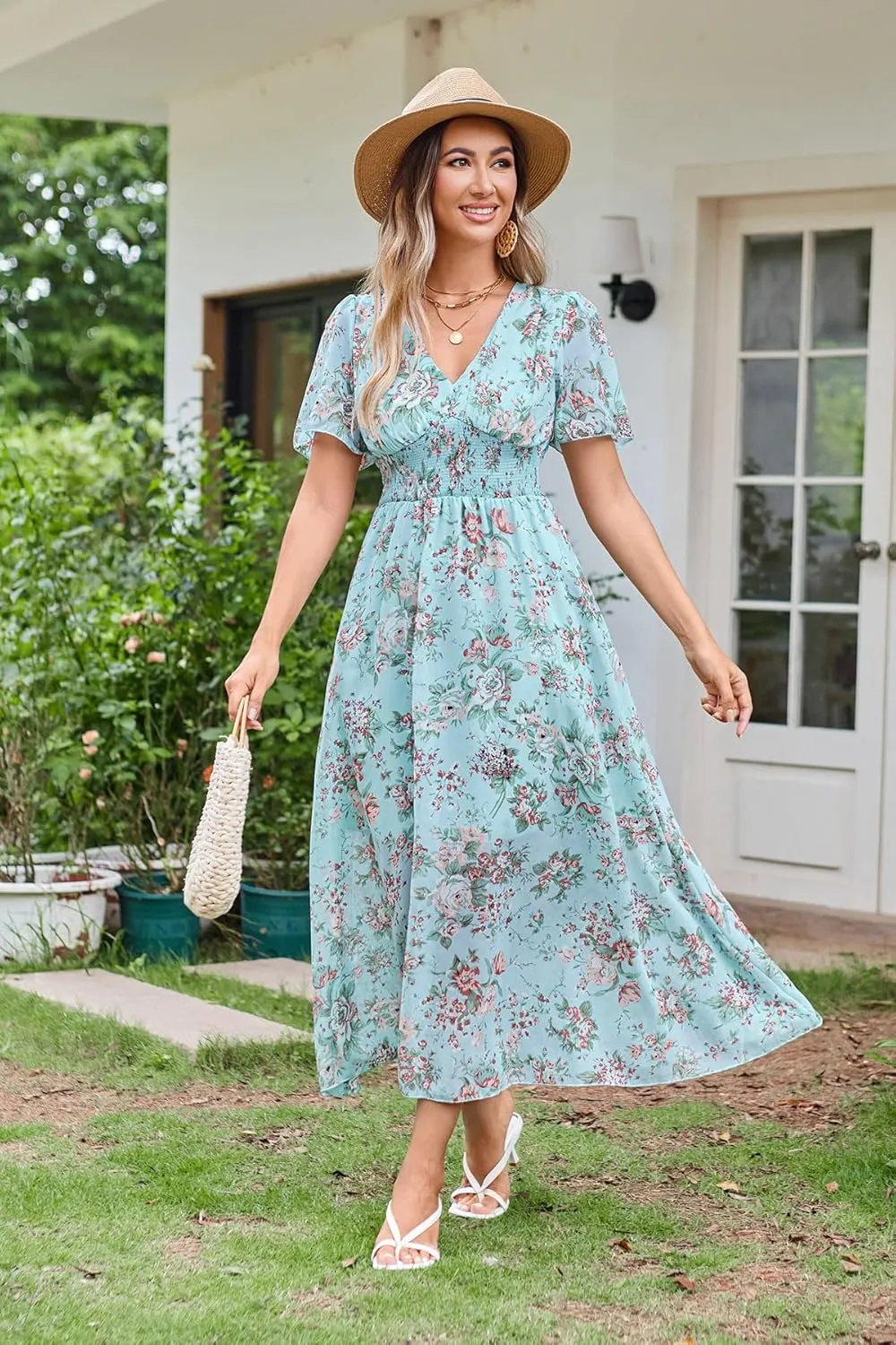 Women's Floral Maxi Dress Flowy V Neck Empire Waist Summer Wedding Guest Party Casual Chiffon Dress