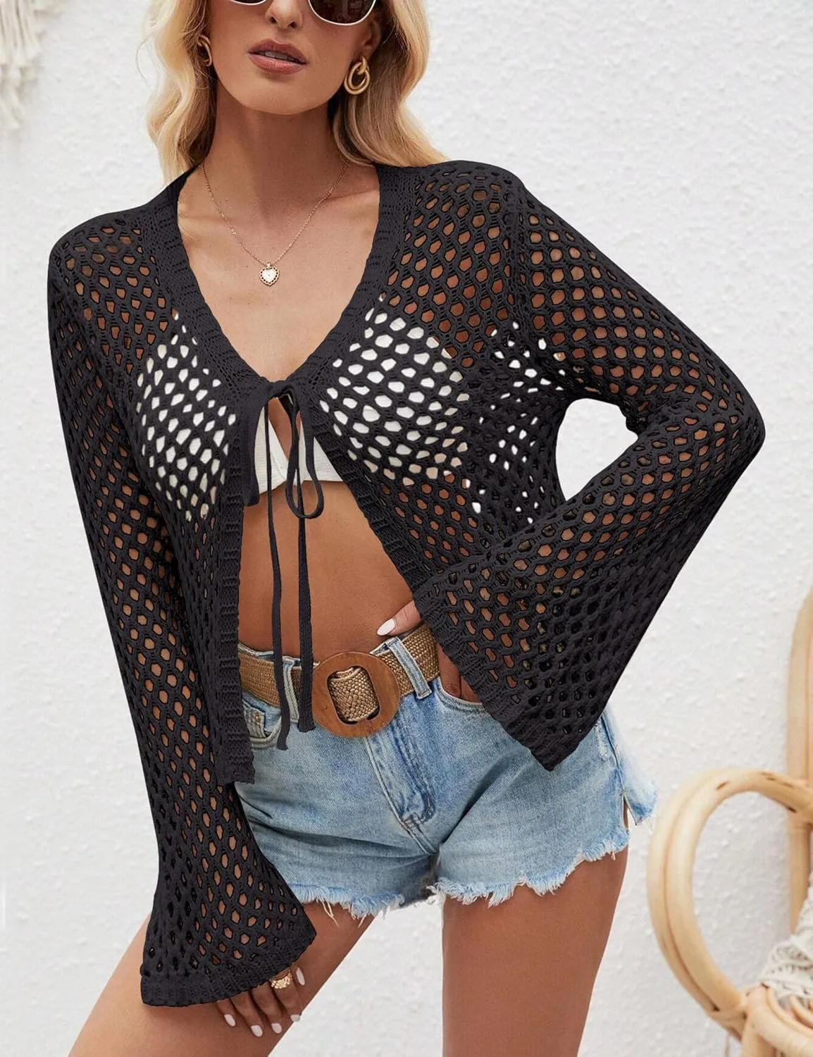 Womens Knit Crochet Cardigan Tie Front Bell Sleeve Hollow Out Shrugs Lightweight Crop Tops