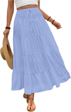 Women's Long Skirts Maxi Skirt Elastic High Waist Swing Tiered A-Line Flowy Pleated Boho Beach Skirts, S-XL