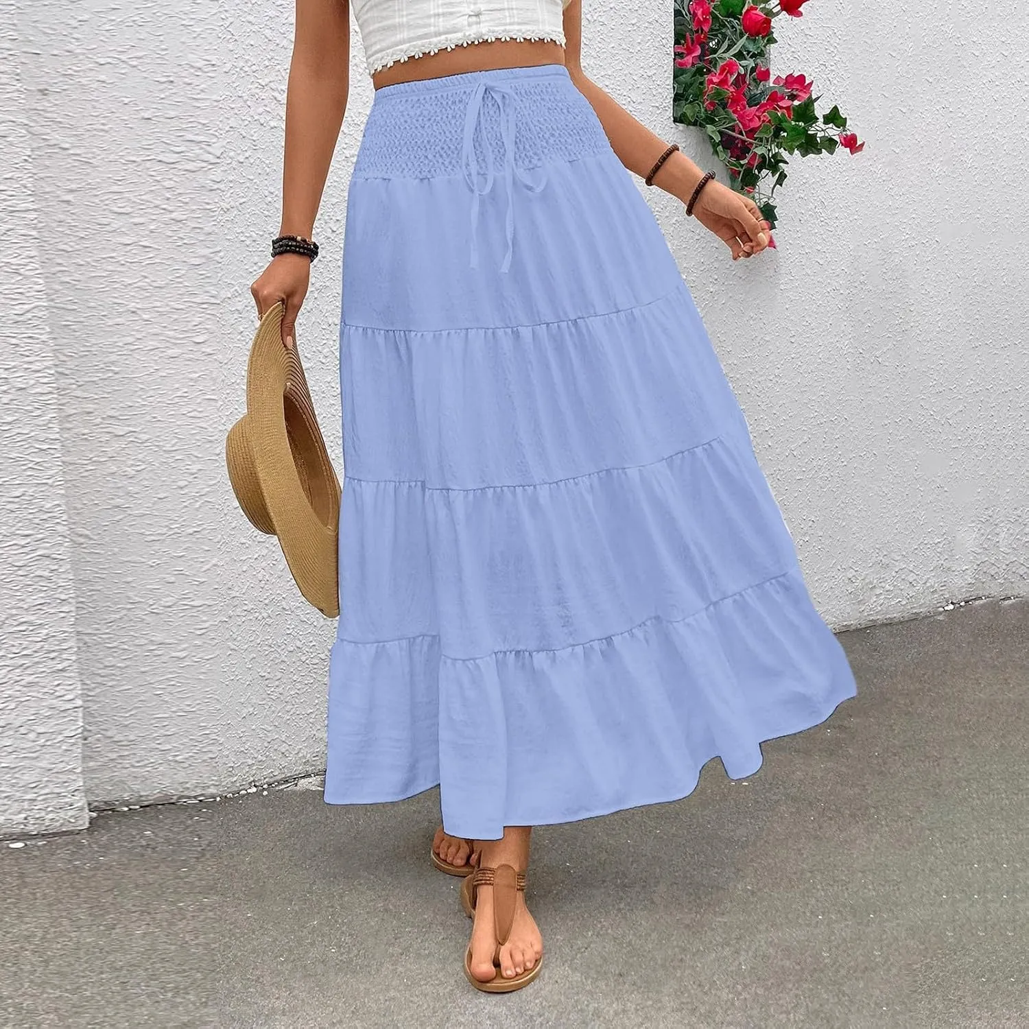 Women's Long Skirts Maxi Skirt Elastic High Waist Swing Tiered A-Line Flowy Pleated Boho Beach Skirts, S-XL