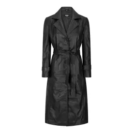 Womens Real Leather Trench Coat Mac Classic 3/4 Long Black 1980s Vintage Retro