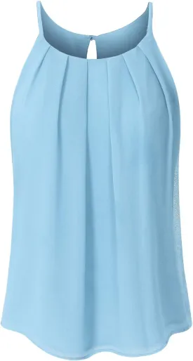 Women's Round Neck Pleated Double Layered Chiffon Cami Tank Top (S~3XL)