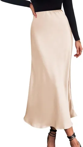 Womens Satin Maxi Skirts Summer Casual Silk Elastic High Waisted Skirt Fashion Flowy Solid Color Flared A-Line Skirt