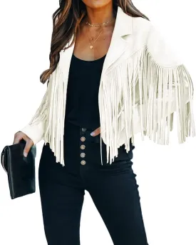 yoeasy Women Faux Suede Leather Tassel Coat Lapel Long Sleeve Motorcycle Short Fringe Jacket