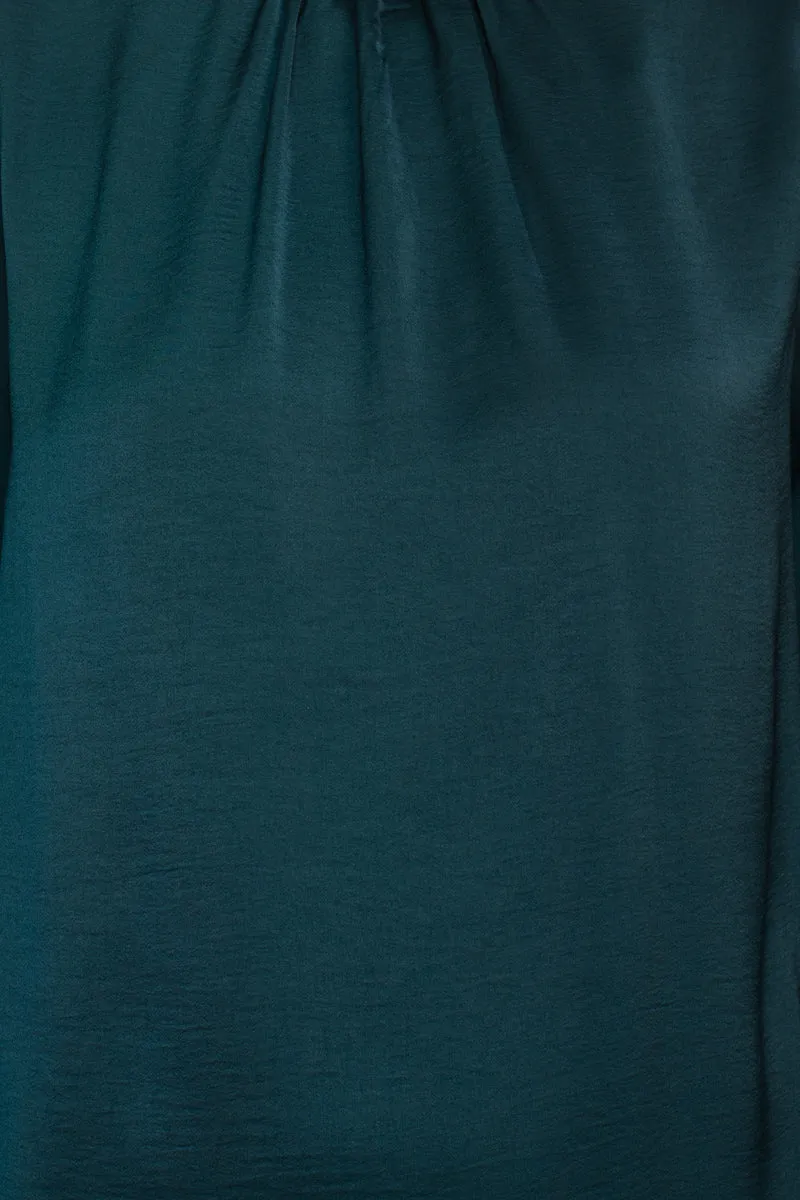Zac & Rachel high neck ruched chiffon long sleeve keyhole back satin bodice top