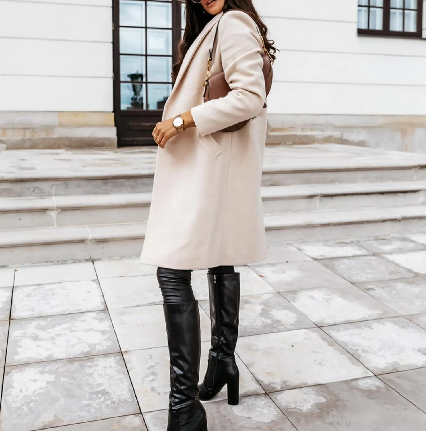 ZWRXW Women Winter Wool Blend Coat Single Breasted Casual Notched Lapel Collar Mid Long Peacoat Trench Jackets with Pocket