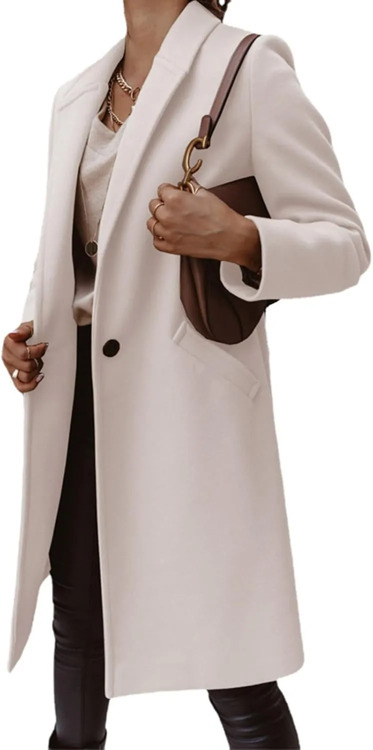 ZWRXW Women Winter Wool Blend Coat Single Breasted Casual Notched Lapel Collar Mid Long Peacoat Trench Jackets with Pocket