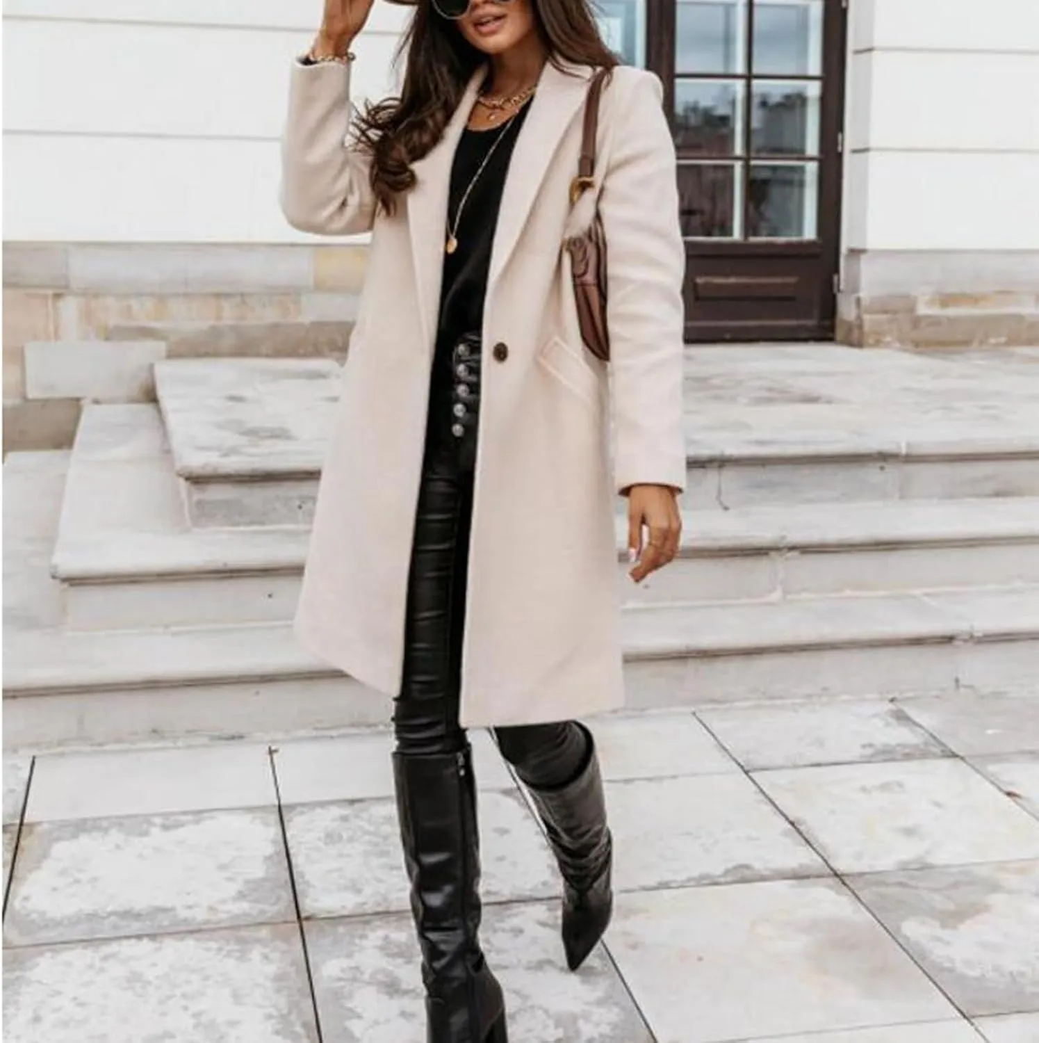 ZWRXW Women Winter Wool Blend Coat Single Breasted Casual Notched Lapel Collar Mid Long Peacoat Trench Jackets with Pocket